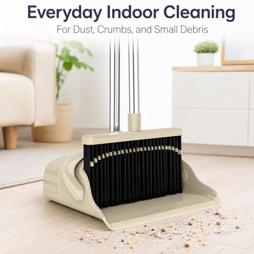 Broom and Dustpan Set, 52-Inch Adjustable Long Handle with Self-Cleaning Comb Teeth, Flexible TPR Lip and Foot-Assisted Fold-Up Dustpan for Home, Kitchen, Office and Apartment, Gray Yellow - color: Gray Yellow