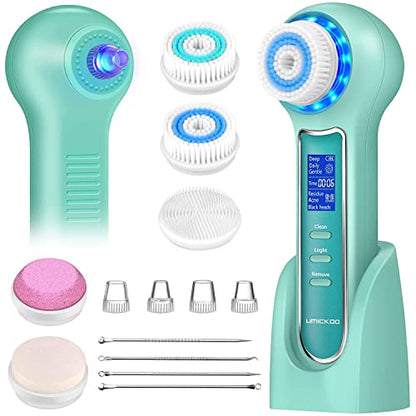 UMICKOO Face Scrubber Exfoliator,Facial Cleansing Brush Waterproof with LCD Screen,Blackhead Remover Vacuum with 5 Brush Heads,Face Spin Brush for Exfoliating, Massaging and Deep Pore Cleansing - color: Mintgreen
