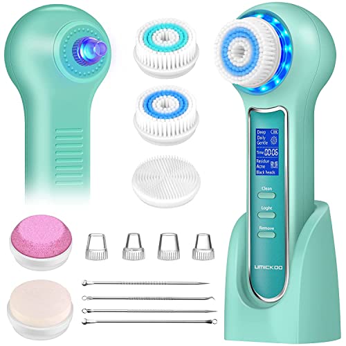 UMICKOO Face Scrubber Exfoliator,Facial Cleansing Brush Waterproof with LCD Screen,Blackhead Remover Vacuum with 5 Brush Heads,Face Spin Brush for Exfoliating, Massaging and Deep Pore Cleansing - color: Mintgreen