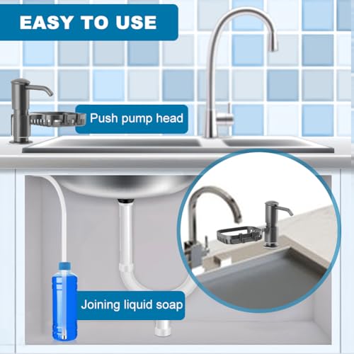 Soap Dispenser for Kitchen Sink, Built in Soap Dispenser Pump with Sponge Holder,Under Counter Brushed Nickel ABS Pump Head with 40" Extension Tube Kit(Dark Grey) - color: Dark Grey