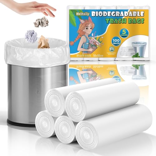 Compostable 5-Gallon Garbage Bags Unscented - Heihaily Small Clear White Trash Bag Bulk 5 Rolls 100 Count Biodegradable Disposable Wastebasket Liners Strong Durable for Kitchen Bathroom Outdoor - style: Bio-5gal-White100
