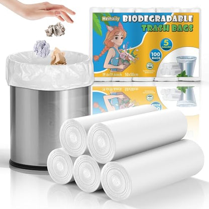 Compostable 5-Gallon Garbage Bags Unscented - Heihaily Small Clear White Trash Bag Bulk 5 Rolls 100 Count Biodegradable Disposable Wastebasket Liners Strong Durable for Kitchen Bathroom Outdoor - style: Bio-5gal-White100