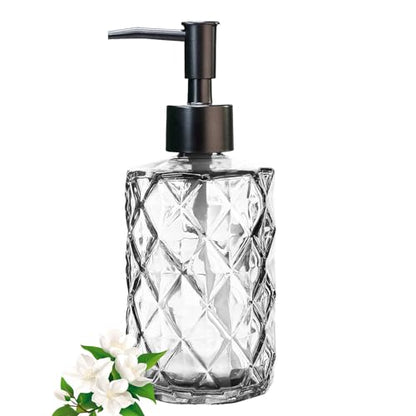 12Oz Small Glass Soap Dispenser with Black Plastic Pump, Clear Refillable Kitchen Countertop Liquid Hand Soap Dispensers with Diamond Design, Crystal Bathroom Lotion Bottle for Dispense Dish Soap - color: Clear Diamond