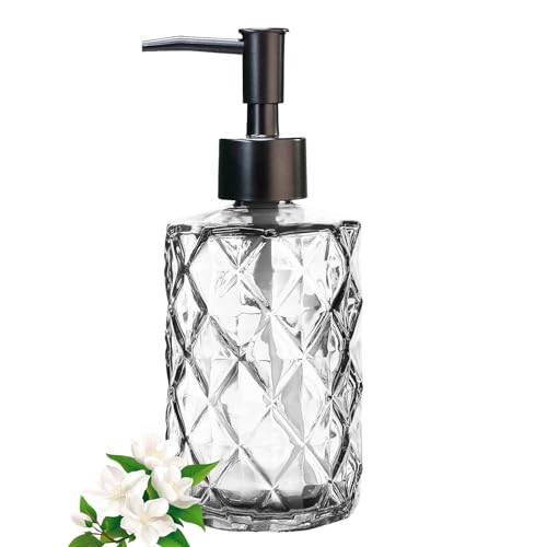12Oz Small Glass Soap Dispenser with Black Plastic Pump, Clear Refillable Kitchen Countertop Liquid Hand Soap Dispensers with Diamond Design, Crystal Bathroom Lotion Bottle for Dispense Dish Soap - color: Clear Diamond
