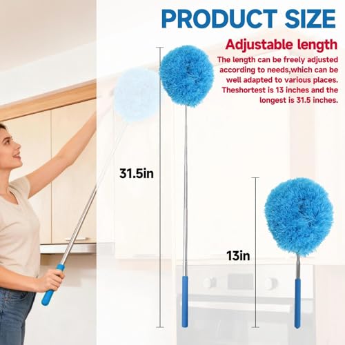 Extendable Microfiber Duster, Telescoping Dusting Brush for Home and Car Cleaning, Adjustable Length, Soft and Flexible - color: Round Blue