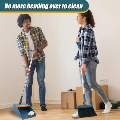 Broom and Dustpan Set, Long Handle Standing Broom with Self-Cleaning Comb Teeth, Heavy Duty Broom Dustpan Combo for Home Kitchen Office Floor Pet Hair Cleaning (Blue) - color: Blue