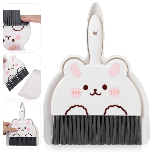 Ouligay Portable Mini Dustpan and Brush Set,Cute Small Broom and Dustpan Set with Durable Brush,Lightweight Dust Pan and Broom Set for Desktop Small Space Cleaning(White Rabbit)