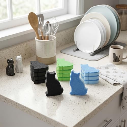 Tioncy 12 Pack Cat Shaped Double Sided Sponge Scrubbers, Cute Cat Dish Sponges, Reusable Non Scratch Kitchen Cleaning Sponges for Dishes, Pots, Sink and Household Cleaning (Black Green Blue) - color: Black, Green, Sky Blue, style: Cat