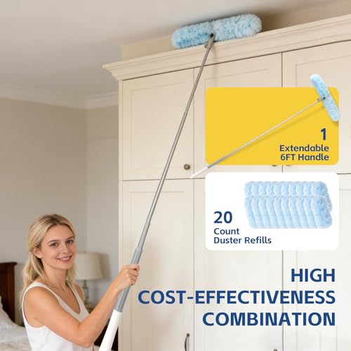 6 ft Duster Extended Handle with 20 Pcs Duster Refill for Swiffer, Duster with Extension Pole, Heavy Duty Duster Refills Kit for Ceiling Fan Blades, Cleaning, Furniture, Blind, Hard-to-Reach Areas