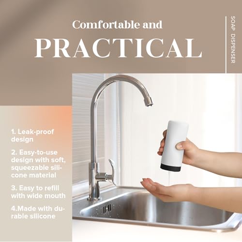 ElmRidge Dish Soap Silicone Dispenser for Kitchen Sink,Squeeze Washing Up Liquid and Hand Soap,Round refillable Silicone Bottles,Easy to Fill and to use, 8.5 oz,Black 2.4 x 2.4 x 5.5 inches (White) - color: White
