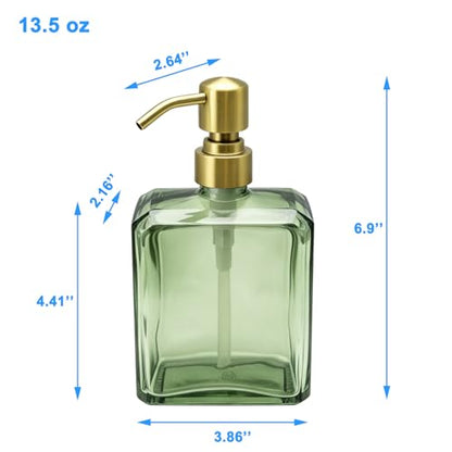 Green Glass Soap Dispenser Square 13.5 oz | Refillable, Rectangular, Rust Proof Stainless Steel Pump, For Bathroom Vanity & Kitchen Countertop - color: Green Bottle and Brushed Gold Pump, size: 13.5oz-Square