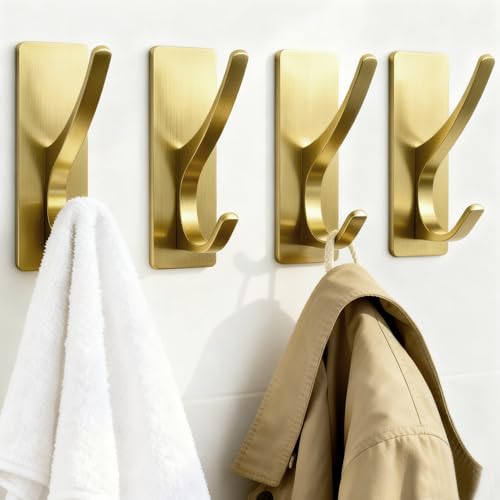 pickpiff Brushed Gold Self Adhesive Coat Hooks for Hanging: 13LB Extra Strong Stainless Wall Hook for Towel, Utensil, Backpack, Hat, Sturdy Metal Hanger for Bathroom, Kitchen, Door, 4-Pack - color: Gold, size: 4 Pack