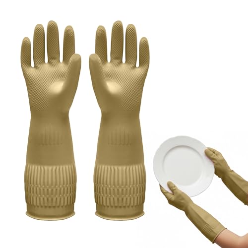 1 Pairs Household Rubber Cleaning Gloves, Long Cuff Dishwashing Gloves with Non-Slip Grip for Kitchen, Bathroom - color: Brown, size: Small