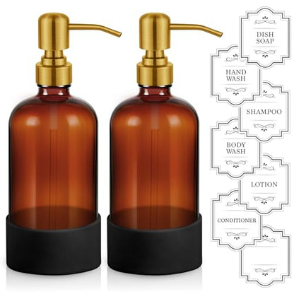 16 oz Hand and Dish Soap Dispenser Set for Kitchen and Bathroom, 500ml Amber Glass Soap Dispenser with Stainless Steel Golden Pump, Non-Slip Silicone Sleeves, Labels - 2 Pack - color: Amber With Golden Pump