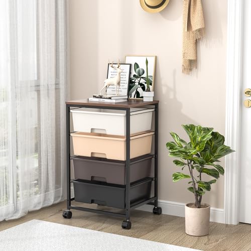 SYKIARIOL Utility Cart with 4 Drawers,Rolling Storage Cart with Drawers,Storage Rolling Drawer Cart,Brown - color: Dark Brown