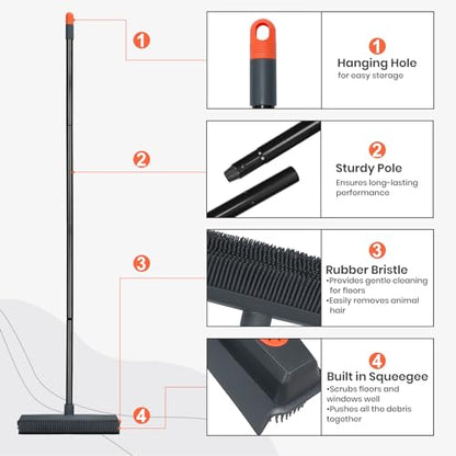 MAVRIZ Pet Hair Removal Broom on Carpet, Rubber Broom for Hardwood Floor - Fur Remover Broom with Squeegee