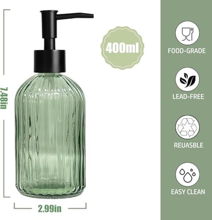 14 Oz Black Pump Glass Soap Dispenser, Green Stripe Countertop Refillable Liquid Bottle Hand Dish Lotion Dispenser with Plastic Pump, for Kitchen, Bathroom, 2 Pack - color: 2 Packs Green