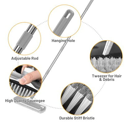 Floor Scrub Brush with Long Handle: 3 in 1 Heavy-Duty Floor Scrubber Brush with Squeegee for Cleaning Tile Bathroom Deck Kitchen Patio - Gray - color: Gray