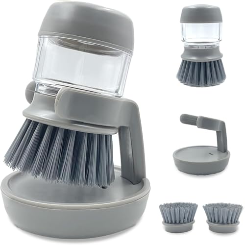 Good Grips Soap Dispensing Palm Brush, Dish Scrub Brush, Kitchen Brushes for Dishes, Kitchen Brush with Holder for Pot Pan Sink Cleaning (Gray) - color: Gray