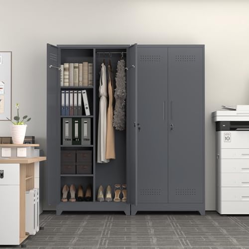 Metal Tool Storage Cabinet, Broom Closet with Hooks, 72.8" Tall Garage Cabinet with Shelves, Heavy-Duty Cleaning Storage for Utility Room, Gym, Office, Garage - color: 73"h-broom Cabinet / Grey