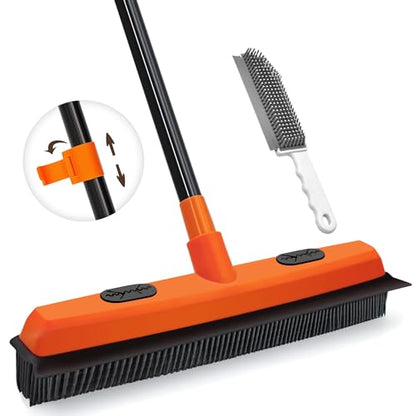 JEHONN Rubber Broom Carpet Rake for Pet Hair Remover, Fur Removal with Squeegee, Portable Detailing Brush Brush, 52.8 Inches Telescopic Long Handle for Fluff Carpet
