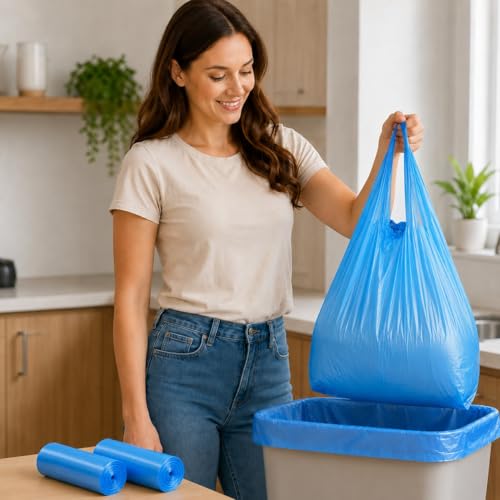 Trash Bags Small Garbage Bags with Handle 2 Rolls 60 Count Strong Kitchen Bathroom Waste Bags Leak Resistant Disposable Bin Liners Black - color: Blue