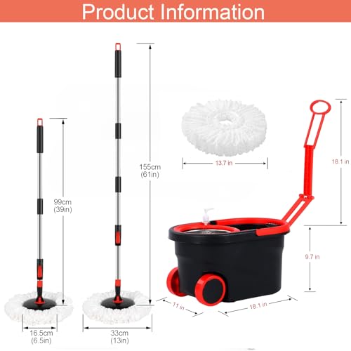 Spin Mop and Bucket with Wringer Set on Wheels,360° Spinning Mop Bucket System for Floor Cleaning, Mop and Bucket Set with 3 Microfiber Mop Replacement Heads and 61" Stainless Steel Adjustable Handle - color: Black Red