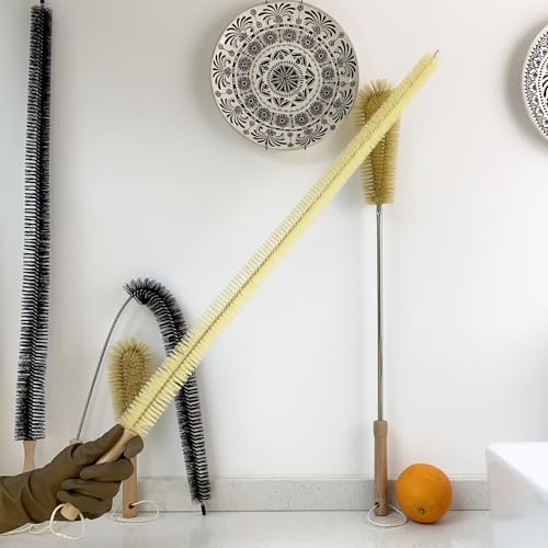 2 pcs 28''/ 72 cm Extra Long Nylon Brushes Set (Yellow), Wood Handle, Bendable, Bathroom Kitchen Cleaning Brush, Dryer Lint Remover Brush, for Radiator, Dryer Vent, Bathtub, Refrigerator, Pipe