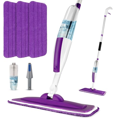 Wet Spray Mop for Floor Cleaning with 14 oz Bottle & 3 Microfiber Pads | Refillable bottle, washable pads, dry/wet use for home or commercial cleaning on hardwood, laminate, wood & ceramic floors - color: 01-purple