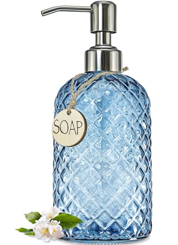 JASAI 18Oz Gem Patterned Glass Soap Dispenser for Kitchen and Bathroom, Refillable with Rust Proof Stainless Steel Pump (Blue) - color: Navy Blue