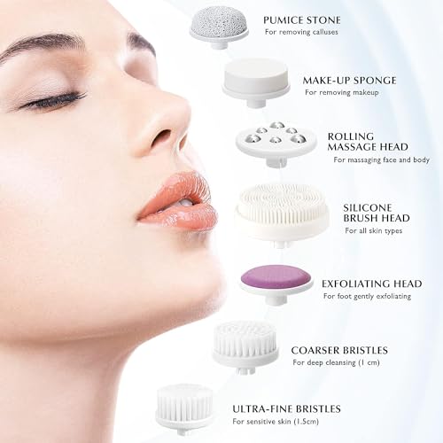 COSLUS Facial Cleansing Brush Silicone Face Scrubber: 7 in 1 FBS-D Electric Exfoliating Rotating Massage Device Waterproof Deep Cleaning Exfoliation Spa Machine - Electronic Skin Care Wash System - color: Black, size: With 7 brush heads