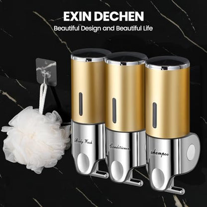 Shampoo and Conditioner Dispenser,Dispensers for The Shower,Shower Soap Dispenser 3 Chamber No Drill,Shampoo Conditioner Body Wash Dispenser Wall Mount for Bathroom(Triple x 17.6 oz,Golden) - color: Golden