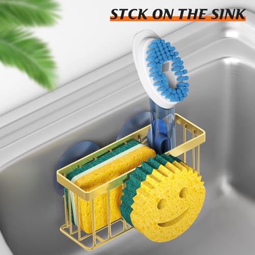 MURLONG Sponge Holder Smiley Face, Sink Caddy for Kitchen Sink, Sink Organizer Sponge Holder with 2 PCS Suction Cups/1 PCS Adhesive Strips, Designed for Sponge, Soap, Dish Brush, Scrubber-Gold - color: Gold