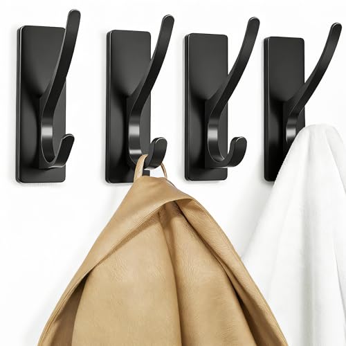 pickpiff Self Adhesive Coat Hooks for Hanging: Heavy Duty Stainless Wall Hook for Towel, Utensil, Backpack, Hat, Sturdy Metal Hanger for Bathroom, Kitchen, Door, 4-Pack, Matt Black - color: Black, size: 4 Pack