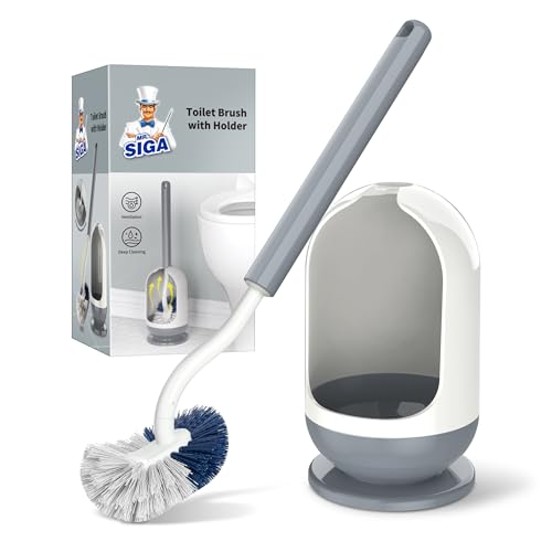 MR.SIGA Toilet Brush with Holder, Under Rim Toilet Bowl Brush with Curved Design for Hard to Reach Corners, 16.2 inch(41.1cm) Long Handle, White & Gray, 1 Pack