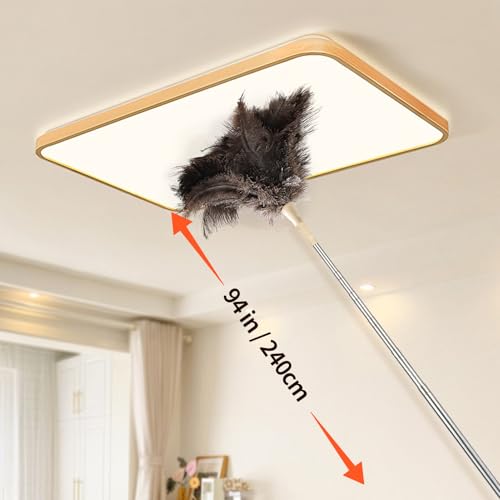 Extendable Cleaning Duster 94 Inch - Long Telescoping Ostrich Feather Dusters with Stainless Steel Extension Pole for High Ceiling Fan, High Ceilings,Roof Dusting - color: Natural-94in-stylee
