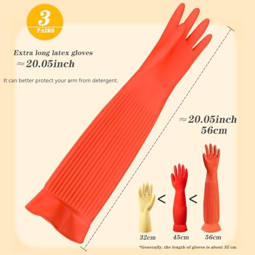 3 Pairs Household Extra Long Kitchen Gloves for Washing Dishes，20.05inches Rubber Cleaning Gloves，Reusable Latex Living Wash Gloves，Long Sleeves(Large, Red) - size: Large