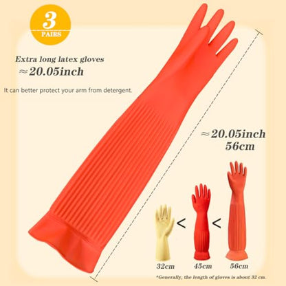 3 Pairs Household Extra Long Kitchen Gloves for Washing Dishes，20.05inches Rubber Cleaning Gloves，Reusable Latex Living Wash Gloves，Long Sleeves(Large, Red) - size: Large