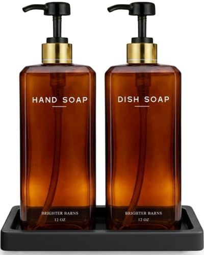 Amber Glass Hand and Dish Soap Dispenser Set by Brighter Barns - Kitchen Soap Dispenser Set with Tray and Pump for Kitchen Sink - Organic Modern Home Decor for Airbnb, Restaurant, Hotel, Gifts (Amber) - color: Amber