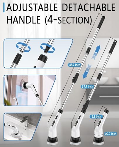 Electric Spin Scrubber Cordless - 3 Speed Rechargeable, Adjustable & Detachable Handle, 9 in 1 Brush Heads Power Scrub Brushes for Cleaning Supplies Shower Bathroom Tub Kitchen Tile Floor