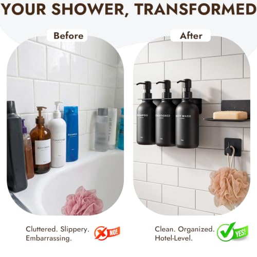 Shampoo and Conditioner Dispenser - Wall Mount Soap Dispenser with Soap Dish & Towel Hook, No Drill Adhesive Bathroom Organizer, Refillable Bottles with Stainless Steel Pump for Home Hotel Spa - Black - color: Black