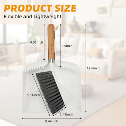 Small Broom and Dustpan Set, Multipurpose Dustpan and Brush Set with Wood Handle Teeth,13 x 8.7 inch, Hangable Portable Cleaning for Kitchen, Desktops, Bedroom, Pet Care, Camping, White,1 Set