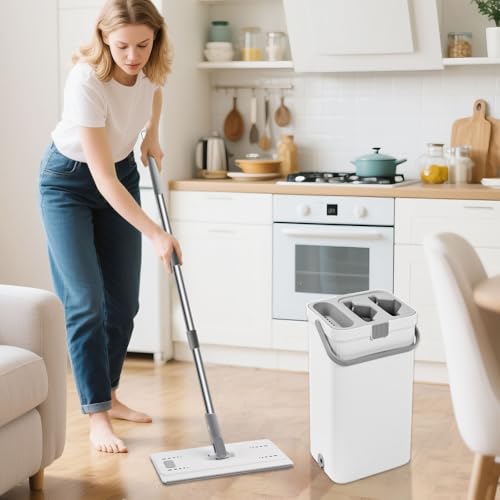 Flat Mop and Bucket with Wringer Set, Hands-Free Floor Mop and Bucket with 3 Reusable Washable Microfiber Pads and 66" Stainless Steel Handle, Wet and Dry Use for Home Floor Cleaning - color: Gray