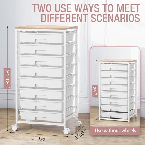Storage Cart with 8 Drawers, Utility Cart with White Drawers and Wooden Tabletop, Craft Cart, Teacher Organization for Classroom,White - color: White
