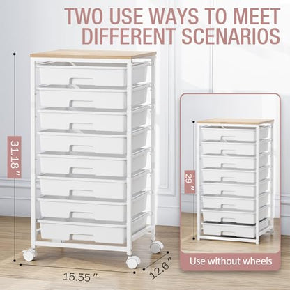 Storage Cart with 8 Drawers, Utility Cart with White Drawers and Wooden Tabletop, Craft Cart, Teacher Organization for Classroom,White - color: White