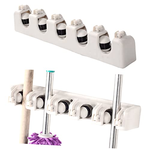 KALLORY Multifunctional Broom Organizer and Mop Holder Wall Mounted Storage Rack with Positions and Hooks and Sturdy Design for Kitchen Garage Laundry and Office Use