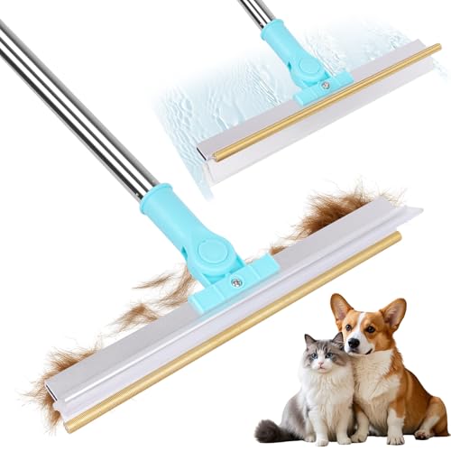 Carpet Rake for Pet Hair Removal, 2 in 1 Pet Hair Remover Tool with Squeegee, Durable Sturdy Dog Cat Hair Rake, 60‘’ Adjustable Handle, 12'' Wide Rake Scraper Carpet Broom for Carpet Rug Mat Cleaning