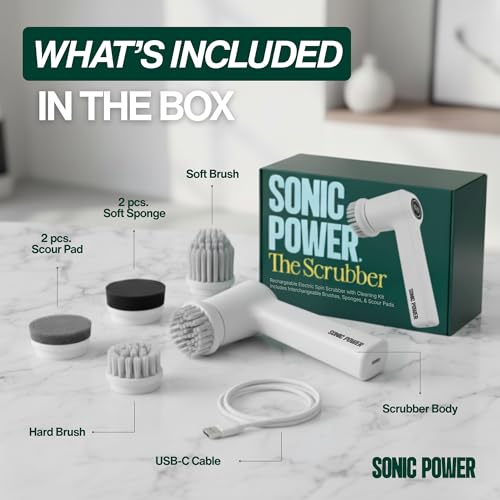 SonicPower Electric Spin Scrubber – Handheld & Ergonomic, IPX7 Waterproof, 4 Multi-Purpose Brush Heads, Long-Lasting Rechargeable Battery – Cleans Dishes, Bathroom, Tile, Grout & Kitchen (White) - color: White