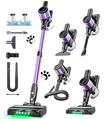 Cordless Vacuum Cleaner, 10 in 1 Stick Vacuum with Powerful Suction, Hose, Green LED Light, Anti-Tangle Brush, Lightweight Rechargeable Vacuum Cleaner for Home, Hardwood Floors,Pet Hair (Purple) - color: Purple