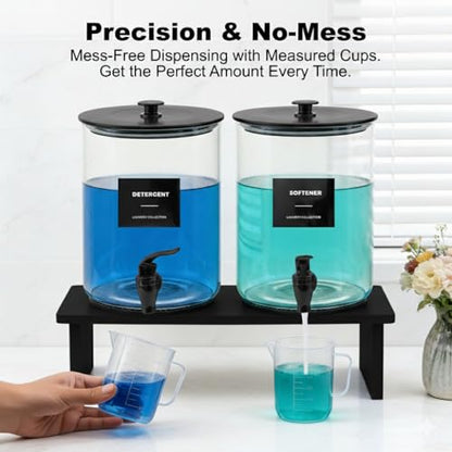 Glass Laundry Detergent Dispenser for Laundry Room Organization, 1 Gallon Large Liquid Soap Dispenser with Black Metal Lid & Leak-Proof Spigot, 2 Measured Cups, 2 Silicone Mats & 9 Labels (2, Black) - color: Black